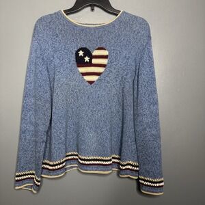 Christopher & Banks Vintage Knit American Flag‎ Heart Blue Sweater Size Medium